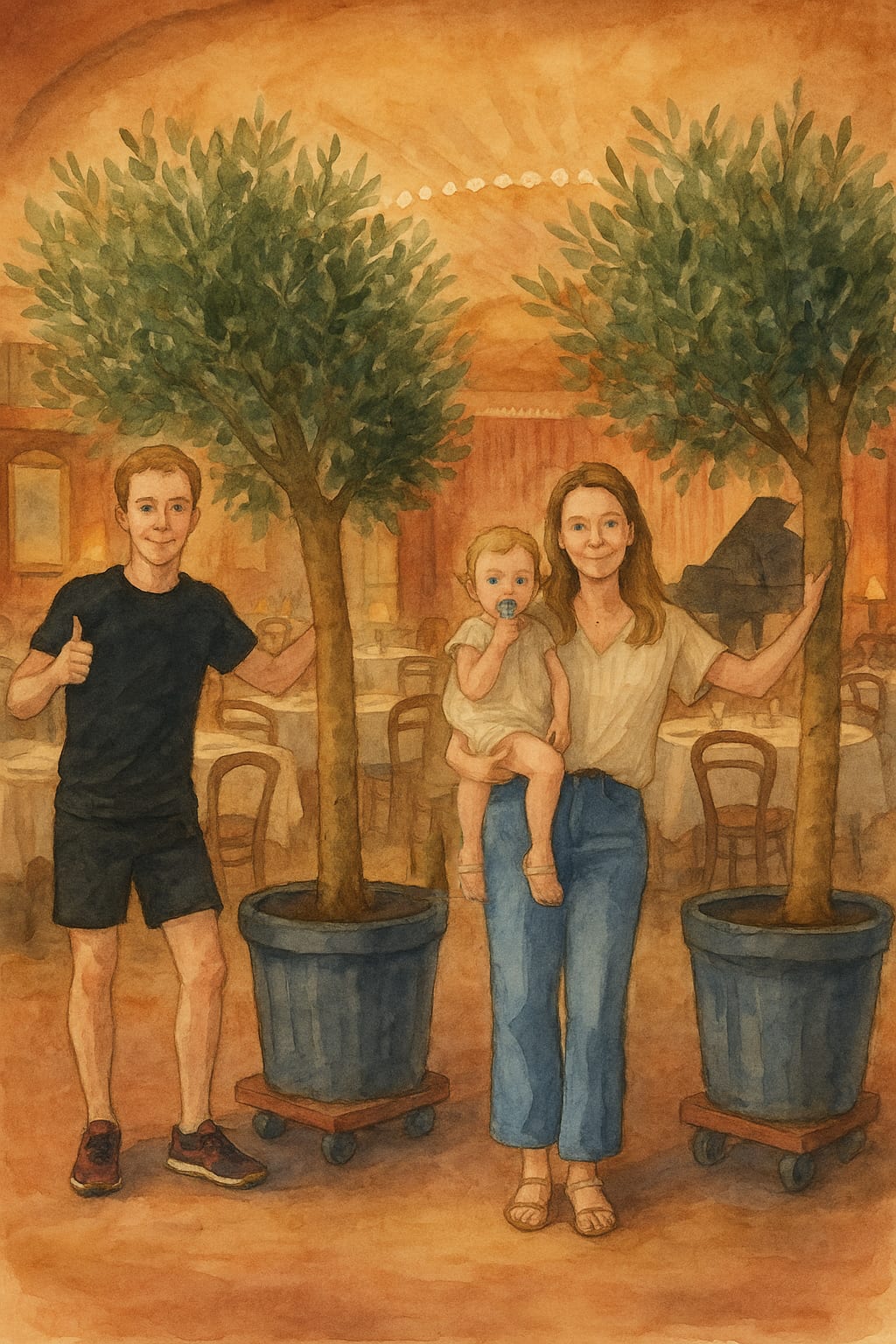 Illustration of the family behind Ten Streets Social in the dining room with olive trees